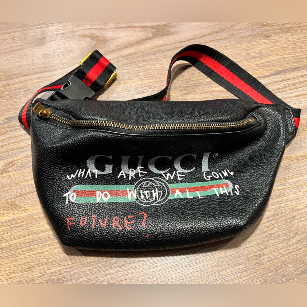 Gucci Black Belt Bag with Red and Green Stripes